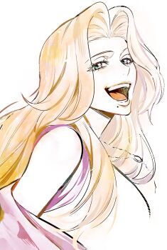 1girl bleach blue_eyes chain chain_necklace female_focus jewelry long_hair matsumoto_rangiku mole mole_under_mouth n_(nauki_11) necklace open_mouth orange_hair pink_shawl portrait shawl simple_background teeth tongue upper_body white_background