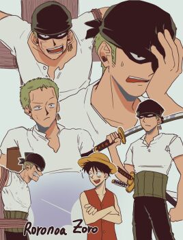 Rule 34 | 2boys, bandana, black bandana, black hair, black pants, character name, clenched teeth, commentary, crossed arms, earrings, haramaki, hat, highres, holding, holding sword, holding weapon, jewelry, monkey d. luffy, multiple boys, multiple views, one piece, only op2024, open mouth, pants, red shirt, roronoa zoro, shirt, short hair, simple background, straw hat, sweatdrop, sword, symbol-only commentary, t-shirt, teeth, weapon, white background, white shirt