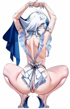 1girl anus armlet arms_up ass ateoyh back blue_hair blue_nails blue_veil breasts cleft_of_venus closed_mouth commentary fingernails from_behind full_body heel-less_heels highres jewelry long_hair looking_at_viewer looking_back median_furrow medium_breasts nail_polish no_panties profile purple_eyes pussy pussy_juice revealing_clothes shorekeeper_(wuthering_waves) shoulder_blades sideways_glance simple_background solo squatting sweat thighs two-tone_veil veil white_background white_veil wuthering_waves