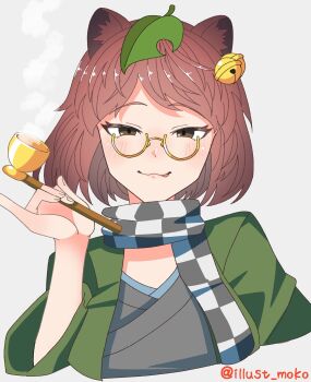 1girl :3 animal_ears artist_name brown_hair checkered_clothes checkered_scarf dark_skin futatsuiwa_mamizou green_kimono grey_background highres holding holding_smoking_pipe japanese_clothes kimono leaf leaf_on_head long_sleeves moko-rider pinky_out raccoon_ears raccoon_girl round_eyewear scarf semi-rimless_eyewear short_hair simple_background smile smoking smoking_pipe solo tongue tongue_out touhou upper_body