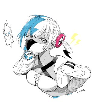 1girl aqua_hair breasts canari_(pokemon) center-flap_bangs cleavage criss-cross_straps cropped_jacket cropped_torso dark-skinned_female dark_skin gen_4_pokemon hand_on_own_hip hand_up highres long_sleeves mask medium_breasts mega_stone monochrome mouth_mask multicolored_hair nintendo one_eye_closed poke_ball pokemon pokemon_legends:_z-a quick_ball rotom rotom_phone sharumon short_twintails split-color_hair twintails two-tone_mask