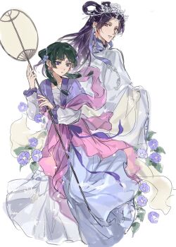 1boy 1girl chinese_clothes commentary dress earrings flower flower_earrings green_hair hagoromo hair_bun hair_ornament highres jewelry jinshi_(kusuriya_no_hitorigoto) kusuriya_no_hitorigoto long_hair looking_at_viewer looking_back maomao_(kusuriya_no_hitorigoto) morning_glory purple_dress purple_flower purple_hair shawl simple_background symbol-only_commentary twintails white_background yuikisezu