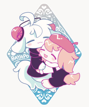 1boy 1girl :3 ahoge animal_ears animal_feet animal_hands artist_self-insert babichao bayachao beret blush brown_hair chibi chibi_only chibikemo closed_eyes commentary_request couple dog_boy dog_ears dog_girl dog_tail furry furry_female furry_male furry_with_furry hat hetero highres hug makemon! official_art overalls pochi_(makemon!) red_hat simple_background smile tail white_background white_fur