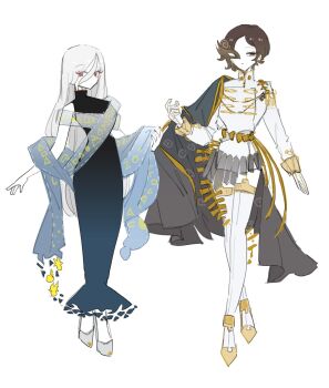 2girls :o adapted_costume bare_shoulders black_cape black_dress bone brown_eyes brown_hair cape closed_mouth dress expressionless full_body gold_shoes hair_between_eyes half_mask highres iwanaga_ariya long_bangs long_hair long_sleeves looking_at_viewer mask multiple_girls parted_bangs red_eyes shirt shoes short_hair sleeveless sleeveless_dress smile thighhighs touhou turtleneck very_long_hair white_background white_hair white_shirt white_shoes white_thighhighs yuiman_asama zenritsu