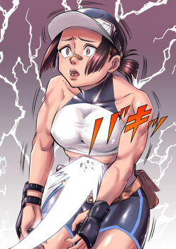 1girl absurdres bandaid bandaid_on_face bandaid_on_nose belt bike_shorts blue_shorts breasts brown_eyes brown_hair clair_andrews ehrgeiz gasp goggles goggles_on_headwear halter_shirt halterneck hand_guard hat highres maretetsu medium_breasts muscular muscular_female ponytail punched punching ryona short_ponytail shorts simple_background solo_focus stomach_punch