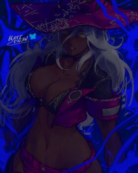 1girl arc_system_works black_skin breasts cleavage colored_skin cosplay crossover dark-skinned_female dark_skin elden_ring elden_ring_nightreign fromsoftware guilty_gear guilty_gear_strive hat hatidraw highres i-no i-no_(cosplay) jacket large_breasts large_hat long_hair looking_at_viewer navel recluse_(elden_ring) solo white_hair witch witch_hat yellow_eyes