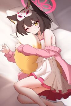 1girl absurdres animal_ear_fluff animal_ears bare_shoulders blue_archive brown_hair cardigan closed_mouth commentary dress fox_ears fox_girl fox_mask fox_tail frills halo highres hugging_own_tail hugging_tail izuna_(blue_archive) knom layered_skirt looking_at_viewer mask mask_on_head one_eye_closed open_cardigan open_clothes pink_cardigan pink_halo pleated_skirt short_hair skirt smile solo tail tank_top white_dress white_tank_top yellow_eyes