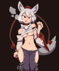 Rule 34 | animal ears, areola slip, artist request, black pants, borrowed design, breast curtain, breasts, collar, commentary request, cowboy shot, detached sleeves, fingernails, grey hair, grey tail, groin, hat, heavy breathing, highres, hip vent, inubashiri momiji, long sleeves, medium breasts, navel, pants, pom pom (clothes), red collar, red eyes, red hat, ribbon-trimmed sleeves, ribbon trim, seductive smile, short hair, smile, stomach, tail, tassel, tokin hat, tongue, tongue out, touhou, white sleeves, wolf ears, wolf tail