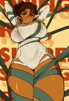 1girl :o arms_behind_head arms_up athletic_leotard bindi bound bound_arms bound_legs breasts brown_hair covered_navel cowboy_shot dark-skinned_female dark_skin english_text from_below green_ribbon hair_between_eyes highres impossible_clothes impossible_leotard kaalaa_baunaa large_breasts leotard long_sleeves looking_at_viewer official_alternate_costume purple_eyes reverse:1999 ribbon ring_hair_ornament skindentation solo sweat underbust white_leotard yellow_background ziyunshanding