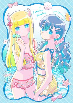 2boys absurdres bikini blonde_hair blue_background blue_border blue_eyes blue_hair blush border bow candy cherry_print commentary_request conch demon_horns feet_out_of_frame floral_print flower food food_print fruit_print grid_background hair_flower hair_ornament highres hiro046k holding holding_candy holding_food holding_lollipop horns jellyfish lollipop long_hair looking_at_viewer multiple_boys ocean original pink_bikini pink_bow shell starfish swimsuit tankini wavy_hair white_background white_flower yellow_bikini