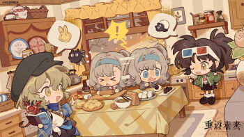 Rule 34 | !, > <, 3d glasses, 3girls, :d, ;o, @ @, absurdres, an-an lee, black gloves, black hair, black hat, black shoes, black skirt, blonde hair, blue coat, blue hairband, blue neckerchief, bowl, brume (reverse:1999), carbuncle (reverse:1999), chibi, chopsticks, coat, cooking, copyright name, creature, cupboard, cutting board, dragon, dragon on shoulder, dumpling, eyewear on head, fingerless gloves, food, freckles, gloves, green jacket, grey hair, hairband, hat, highres, holding, holding chopsticks, holding notebook, holding rolling pin, index finger raised, indoors, jacket, jar, jiaozi, kitchen, logo, matilda bouanich, multiple girls, neckerchief, notebook, official art, one eye closed, one side up, open mouth, ponytail, reverse:1999, rolling pin, shirt, shoes, short hair, skirt, small dragon, smile, socks, speech bubble, spoken exclamation mark, spoken food, standing, table, tablecloth, tangyuan, wall shelf, white shirt, white socks, window, yellow eyes