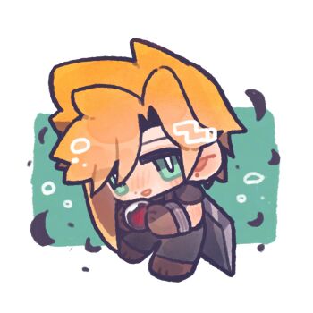 Rule 34 | 1boy, armor, black feathers, black materia, blonde hair, blush, blym7oym7759061, buster sword, chibi, chibi only, cloud strife, dark persona, earrings, falling feathers, feathers, final fantasy, final fantasy vii, gloves, green eyes, highres, holding, holding orb, jewelry, male focus, materia, official alternate eye color, orb, pauldrons, short hair, shoulder armor, single earring, single pauldron, slit pupils, smile, spiked hair