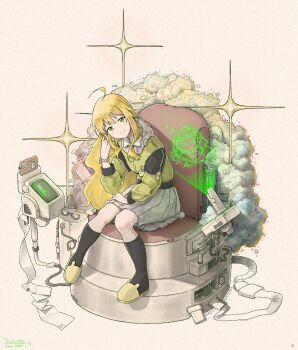 1girl ahoge angrypig animal_slippers black_socks blonde_hair chair closed_mouth commentary_request full_body green_eyes green_jacket grey_skirt hand_up happy_birthday highres hologram hoshii_miki idolmaster idolmaster_(classic) jacket kneehighs long_hair long_sleeves pleated_skirt science_fiction sitting skirt slippers smile socks solo star_(symbol) unworn_eyewear watch wristwatch