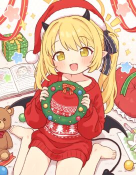 1girl :d barefoot black_horns black_tail black_wings blonde_hair blue_archive blush collarbone commentary crayon demon_girl demon_horns demon_tail demon_wings doodle_sensei_(blue_archive) fur-trimmed_headwear fur_trim halo hat holding horns ibuki_(blue_archive) long_hair long_sleeves looking_at_viewer notice_lines onyhakase open_mouth pointy_ears red_hat red_sweater santa_hat sensei_(blue_archive) side_ponytail sitting smile soles solo stuffed_animal stuffed_toy sweater symbol-only_commentary tail teddy_bear toes wariza wings yellow_eyes yellow_halo