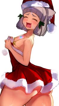1girl animal_ears arched_bangs ass blunt_bangs blush breasts cat_ears chest_jewel closed_eyes dress facial_mark fur_trim grey_hair hat highres huge_ass nia_(xenoblade) open_mouth r123 santa_costume santa_dress santa_hat short_hair small_breasts solo sweatdrop thick_thighs thighs white_background xenoblade_chronicles_(series) xenoblade_chronicles_2