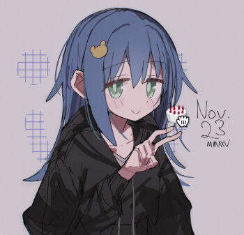 1girl 2mai84 black_hoodie blue_hair cake commentary dated drawstring food green_eyes grey_background hair_between_eyes hair_ornament hairclip hand_cursor hashtag-only_commentary hood hood_down hoodie long_hair long_sleeves looking_at_viewer onii-chan_wa_oshimai! roman_numeral simple_background sketch smile solo tenkawa_nayuta upper_body v