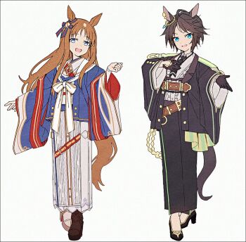 2girls :d adapted_costume ahoge animal_ear_piercing animal_ears arm_ribbon asymmetrical_footwear belt belt_buckle black_gloves black_hair black_necktie black_shoes black_skirt blue_eyes blue_jacket blue_ribbon brown_belt brown_hair buckle buttons center_frills check_clothing clenched_hand clothing_request collared_shirt commentary_request crossed_legs dress_shirt emblem frilled_jacket frills fuji_kiseki_(shooting_star_revue)_(umamusume) fuji_kiseki_(umamusume) full_body gloves gold_trim grass_wonder_(stone-piercing_blue)_(umamusume) grass_wonder_(umamusume) green_trim hair_ribbon hakusai_(tiahszld) hand_on_own_chest hand_up haori high_heels horse_ears horse_girl horse_tail jacket japanese_clothes kimono lapels long_hair long_sleeves looking_at_viewer mismatched_footwear multicolored_hair multiple_belts multiple_girls necktie open_mouth outstretched_arm parted_bangs red_belt red_ribbon ribbon sailor_collar shirt shoes simple_background skirt smile standing streaked_hair striped_belt striped_ribbon tail two-sided_fabric two-sided_jacket two-tone_belt two-tone_ribbon umamusume watson_cross white_background white_kimono white_ribbon white_sailor_collar white_shirt white_shoes white_sleeves white_streaks wide_sleeves yellow_belt
