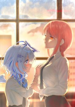 2girls amane_kanata black_necktie black_pants blue_eyes blue_hair braid braided_ponytail breasts chainsaw_man collared_shirt feathered_wings grabbing_another&#039;s_breast grey_hair groping guided_breast_grab guiding_hand guuuuuu41 hair_ornament highres hololive indoors large_breasts long_sleeves makima_(chainsaw_man) mini_wings multicolored_hair multiple_girls necktie pants red_eyes red_hair shirt shirt_tucked_in sidelocks virtual_youtuber white_shirt white_wings window wings x_hair_ornament yuri