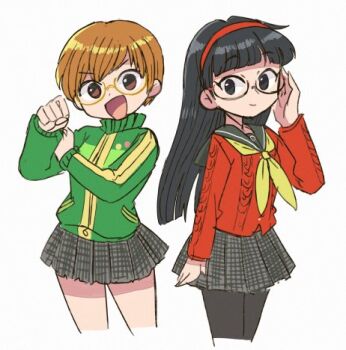 2girls amagi_yukiko black_eyes black_hair brown_eyes brown_hair closed_mouth glasses hairband jacket long_hair looking_at_viewer lowres multiple_girls open_mouth pantyhose persona persona_4 satonaka_chie school_uniform short_hair simple_background skirt smile tsubobot white_background yasogami_school_uniform