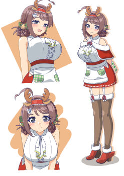 172cm 1girl antlers braid braided_hair_rings breasts brown_hair brown_thighhighs capelet chougei_(christmas)_(kancolle) chougei_(kancolle) commentary_request fake_antlers fur-trimmed_capelet fur-trimmed_thighhighs fur_trim garter_straps grey_eyes hair_ornament hair_rings hairband highres horns huge_breasts kantai_collection long_hair official_alternate_costume red_capelet red_hairband red_skirt reindeer_antlers skirt thighhighs twin_braids whale_hair_ornament white_garter_straps