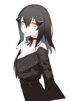 Rule 34 | 1girl, bare shoulders, black choker, black dress, black hair, black lips, breasts, choker, closed mouth, collarbone, commentary, dandelion (girls' frontline), dress, english commentary, flower choker, girls' frontline, girls' frontline 2: exilium, hair between eyes, hair ornament, hairclip, long hair, long sleeves, looking at viewer, off-shoulder dress, off shoulder, sidelocks, simple background, solo, takaprince, upper body, white background, yellow eyes