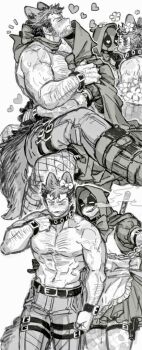 2boys abs alternate_costume animal_ears arm_hair bara belt big_bad_wolf big_bad_wolf_(cosplay) blush bow chain chain_leash chest_hair choker cigarette clenched_hand closed_eyes collar commentary cosplay couple deadpool deadpool_&amp;_wolverine deadpool_(series) dishing ear_bow facial_hair fishnets flower gloves greyscale hairy halloween halloween_costume hand_on_another&#039;s_hip heart heart-shaped_pupils hood hood_up hug katana large_pectorals leash little_red_riding_hood_(fairy_tale) little_red_riding_hood_(fairy_tale_character)_(cosplay) little_red_riding_hood_(fairy_tale_character) looking_at_another male_focus marvel marvel mask mature_male monochrome mouth_hold multiple_boys muscular muscular_male navel nipples open_mouth pants pectorals ribbon_choker scar scars_all_over short_hair sigh sitting sitting_on_lap sitting_on_person smile smoke smoking sweatdrop sword sword_on_back symbol-only_commentary symbol-shaped_pupils tail teeth thigh_strap tongue tongue_out too_many topless_male veins veiny_arms weapon weapon_on_back wolf_boy wolf_ears wolf_tail wolverine_(x-men) x-men yaoi