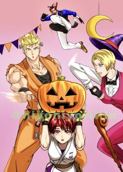 2girls blonde_hair blue_eyes breasts brown_eyes brown_hair dougi female_focus formal_clothes gloves hairband halloween halloween_costume highres hiyohiyoriiiin huge_breasts karate_gi king_(snk) large_breasts looking_at_viewer multiple_girls pale_skin red_eyes robert_garcia ryou_sakazaki ryuuko_no_ken sakazaki_ryo shirt short_hair suit the_king_of_fighters thighs tuxedo white_shirt yuri_sakazaki