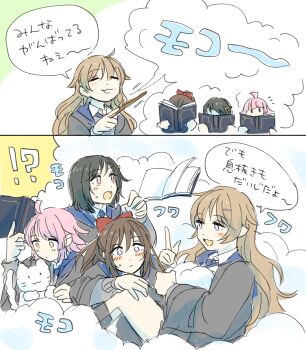 !? 4girls :3 absurdres ahoge black_hair blue_eyes blunt_bangs blunt_ends blush book bow brown_hair cat closed_eyes closed_mouth cloud commentary_request fang hair_between_eyes hair_bow hair_ornament hair_ribbon hairclip half-closed_eyes hand_on_another's_knee harry_potter_(series) highres hogwarts_school_uniform holding holding_book holding_wand index_finger_raised interrupted konoe_kanata long_hair love_live! love_live!_nijigasaki_high_school_idol_club lying magic mifune_shioriko multiple_girls notice_lines open_mouth osaka_shizuku panels ponytail purple_eyes ravenclaw reading red_eyes relaxing ribbon school_uniform short_hair sidelocks sketch solllolll sound_effects speech_bubble studying surprised sweatdrop tennoji_rina translation_request wand wavy_hair wizarding_world yellow_eyes