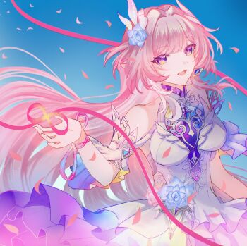 1girl akatki_8o1 bare_shoulders blue_sky breasts commentary_request cyrene_(honkai:_star_rail) cyrene_(ripples_of_past_reverie)_(honkai:_star_rail) diamond-shaped_pupils diamond_(shape) dress flower hair_flower hair_ornament highres honkai:_star_rail honkai_(series) large_breasts long_hair looking_at_viewer multicolored_hair pink_hair pointy_ears purple_eyes sky smile solo symbol-shaped_pupils two-tone_hair very_long_hair white_dress white_hair