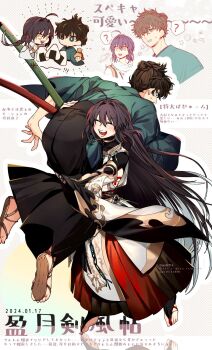 1boy 1other ? ahoge artist_name black_hakama bridal_legwear brown_hair carrying carrying_person chibi clenched_hands colored_tips copyright_notice dated fate/samurai_remnant fate_(series) food full_body goshiko86g gradient_hair green_eyes green_kimono grin hair_bun hair_tie hakama highres holding japanese_clothes kimono long_hair miyamoto_iori_(fate) multicolored_hair multiple_expressions multiple_views onigiri sandals scabbard sheath sideless_outfit smile sparkling_eyes speech_bubble spoken_question_mark sweatdrop teeth topknot two-tone_hair very_long_hair white_hair yamato_takeru_(fate) yamato_takeru_(third_ascension)_(fate) yellow_eyes zouri