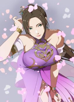 1girl bare_shoulders bracelet breasts brown_hair china_dress chinese_clothes detached_sleeves diaochan_(shin_sangoku_musou) dress falling_petals gold_trim green_eyes grey_background highres igusaharu jewelry large_breasts long_hair looking_at_viewer parted_bangs petals pink_lips ponytail purple_dress shin_sangoku_musou shin_sangoku_musou_origins side_slit smile solo twitter_username upper_body