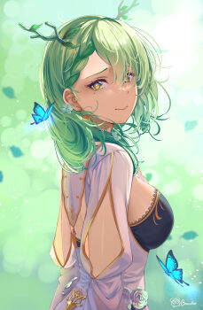 1girl absurdres antlers artist_name asymmetrical_bangs blurry bokeh braid braided_bangs breasts brocollie bug butterfly ceres_fauna closed_mouth commentary depth_of_field dress english_commentary eyelashes flower from_side green_background green_hair grey_dress hair_between_eyes hair_flower hair_ornament highres hololive hololive_english horns insect large_breasts long_bangs long_sleeves looking_at_viewer looking_to_the_side mole mole_under_eye multicolored_eyes parted_bangs raised_inner_eyebrows sad solo standing tearing_up turning_head two-tone_eyes upper_body virtual_youtuber yellow_pupils