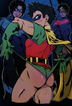 3boys absurdres artist_name ass back batman_(series) black_bodysuit black_hair blue_bodysuit bodysuit brothers cape clothes_lift damian_wayne dc_comics dick_grayson domino_mask eye_mask gloves green_gloves green_shirt green_shorts highres jason_todd krypto_kyuubi lifting_own_clothes male_focus mask multiple_boys multiple_tails nightwing red_hood_(dc) red_shirt robin_(dc) shirt short_hair shorts shorts_lift siblings smile tail thick_thighs thighs two-tone_shirt yellow_cape