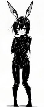 1girl alternate_costume amiya_(arknights) animal_ears arknights blush bodysuit breasts commentary_request covered_collarbone covering_privates embarrassed full_body greyscale hair_between_eyes highres long_hair looking_at_viewer makigirisu medium_breasts monochrome nose_blush open_mouth ponytail simple_background solo standing sweatdrop white_background