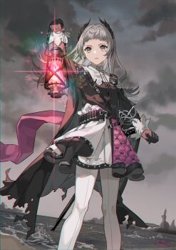 1girl arknights black_footwear black_gloves black_jacket bullet cloud cloudy_sky earrings eihi fire gloves grey_eyes grey_hair grey_sky gun handgun head_wings highres holding holding_lantern irene_(arknights) jacket jewelry lantern long_hair long_sleeves looking_at_viewer ocean original pantyhose pink_fire pink_skirt scar scar_across_eye scar_on_face shore skirt sky solo sword weapon white_pantyhose wings