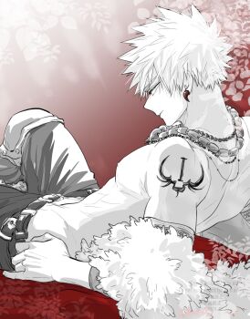 Rule 34 | 1boy, back, bakugou katsuki, belt, boku no hero academia, boku no hero academia 2nd popularity poll, closed mouth, commentary, earrings, fur trim, highres, jewelry, knee up, male focus, necklace, nipples, official alternate costume, oroshi mi, pants, pectorals, profile, reclining, red background, short hair, shoulder tattoo, signature, solo, spiked hair, symbol-only commentary, tattoo, toned, toned male, topless male, watermark