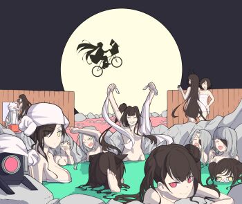 Rule 34 | 6+girls, :d, agent (girls' frontline), alchemist (girls' frontline), architect (girls' frontline), arms up, banana (girls' frontline), barefoot, basket, bathing, bicycle, bicycle basket, black hair, blunt bangs, breasts, bubble, cleavage, closed eyes, closed mouth, commentary, completely nude, convenient censoring, covering own mouth, destroyer (girls' frontline), dinergate (girls' frontline), dreamer (girls' frontline), e.t., executioner (girls' frontline), eyepatch, eyes visible through hair, feet, fence, flying, full moon, gager (girls' frontline), girls' frontline, grey hair, grin, hair bun, headgear, highres, holding, holding towel, huge moon, hunter (girls' frontline), in basket, in container, intruder (girls' frontline), judge (girls' frontline), korean commentary, large breasts, long hair, looking at viewer, lying, m16a1 (boss) (girls' frontline), m16a1 (girls' frontline), moon, multiple girls, naked towel, navel, night, non-humanoid robot, nude, o-los, on stomach, one eye closed, one side up, onsen, open mouth, ouroboros (girls' frontline), parody, parted bangs, partially submerged, pink eyes, riding, riding bicycle, ro635 (girls' frontline), robot, rock, sangvis ferri, scar, scar across eye, scar on face, scarecrow (girls' frontline), short hair, silhouette, sitting, smile, soles, standing, toes, towel, towel on head, twintails, v-shaped eyebrows, very long hair, water, wooden fence, yellow eyes