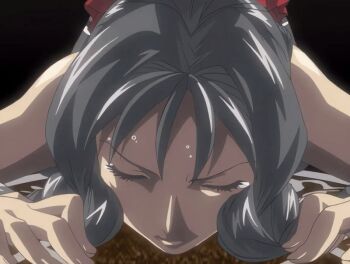 00s 1boy 1girl 2006 animated animated_gif bible_black bible_black_new_testament black_hair braid braided_ponytail braided_sidelock breasts defloration from_behind grey_hair hetero kiriya_saki large_breasts medium_breasts nipples no_bra open_clothes purple_eyes school_uniform shin_bible_black surprised sweat tagme tears twin_braids yamanishi_naoto