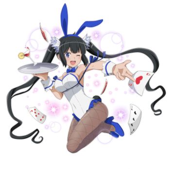 Rule 34 | 1girl, :d, ace (playing card), animal ear hairband, animal ears, anime coloring, black hair, blue bow, blue bowtie, blue eyes, blue ribbon, blue shoes, blunt bangs, bow, bowtie, breasts, brown pantyhose, card, cleavage, club (shape), cocktail, cocktail glass, covered navel, cup, danmachi memoria freese, detached collar, drinking glass, dungeon ni deai wo motomeru no wa machigatteiru darou ka, fake animal ears, fake tail, food, frilled leotard, frills, fruit, full body, game cg, hairband, heart, hestia (danmachi), high heels, holding, holding card, holding tray, large breasts, lemon, lemon slice, leotard, long hair, looking at viewer, official alternate costume, official art, one eye closed, open mouth, pantyhose, playboy bunny, playing card, rabbit ear hairband, rabbit ears, rabbit tail, rei no himo, ribbon, shoes, sidelocks, smile, solo, spilling, strapless, strapless leotard, tail, third-party source, traditional bowtie, tray, twintails, white leotard, white wrist cuffs, wrist cuffs