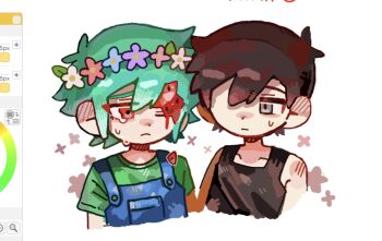 1boy 1girl alternate_eye_color antenna_hair art_program_in_frame basil_(headspace)_(omori) basil_(omori) black_hair black_tank_top blue_overalls closed_mouth collarbone commentary_request crying crying_with_eyes_open double-parted_bangs green_hair green_shirt grey_eyes hair_between_eyes looking_at_another male_focus omori omori_(omori) one_eye_closed overalls red_eyes shirt short_hair short_sleeves sidelocks simple_background sweatdrop t-shirt tank_top tears tears_from_one_eye uminosoko44 white_background
