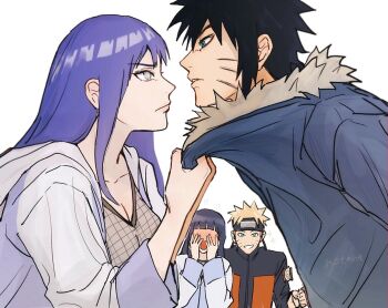 !? 2boys 2girls artist_name black_hair blonde_hair blue_eyes blush closed_mouth clothes_grab facial_mark forehead_protector hyuuga_hinata jacket jacket_grab long_hair long_sleeves looking_at_another multiple_boys multiple_girls naruto:_road_to_ninja naruto_(series) naruto_shippuuden notane_n open_clothes open_jacket open_mouth purple_hair short_hair spiked_hair upper_body uzumaki_menma uzumaki_naruto whisker_markings white_background