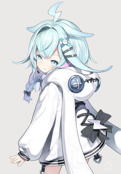 1girl :3 ahoge animal_ears black_bow blue_eyes blue_hair blush bow braid capriccio closed_mouth commentary_request fake_animal_ears from_behind grey_background hair_bow hair_intakes hair_ornament hair_over_shoulder hairclip hololive hololive_dev_is hood hood_down hoodie lightning_bolt_symbol long_sleeves looking_at_viewer looking_back low_twintails mizumiya_su mizumiya_su_(1st_costume) multicolored_hair pink_hair puffy_long_sleeves puffy_sleeves rabbit_ears simple_background sleeves_past_wrists solo standing streaked_hair twin_braids twintails virtual_youtuber white_hoodie