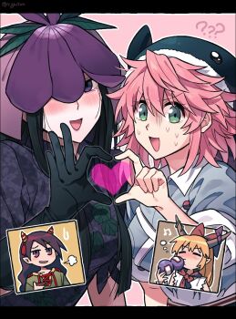 4girls :d ? ?? animal_hat beamed_eighth_notes black_hair blue_hat blush bow bowtie closed_eyes commentary_request cup dress drinking flower flower_on_head gourd green_eyes green_shirt hair_bow hat heart heart_hands heart_hands_duo holding holding_cup holding_gourd horn_ornament horn_ribbon horns ibuki_suika letterboxed lobelia_(flower) long_hair lotus_eaters medium_hair multiple_girls musical_note nippaku_zanmu okunoda_miyoi open_mouth orange_hair pink_background pink_hair puff_of_air purple_dress purple_eyes purple_flower re_ghotion red_bow red_bowtie ribbon sakazuki shirt smile sweat touhou twitter_username white_shirt yomotsu_hisami