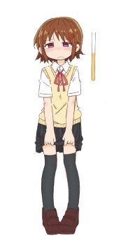 1girl black_thighhighs blue_skirt blush brown_hair brown_shoes closed_mouth collared_shirt embarrassed female_focus flat_chest full_body hair_ornament hairclip half-closed_eyes have_to_pee large_variant_set looking_at_viewer miniskirt neck_ribbon nose_blush original pigeon-toed pleated_skirt ponnu_(tnpn2yw) red_eyes red_ribbon ribbon school_uniform shirt shoes short_hair short_sleeves sidelocks simple_background skirt skirt_hold solo standing sweater_vest thighhighs urine_meter variant_set vest white_background white_shirt yellow_vest zettai_ryouiki