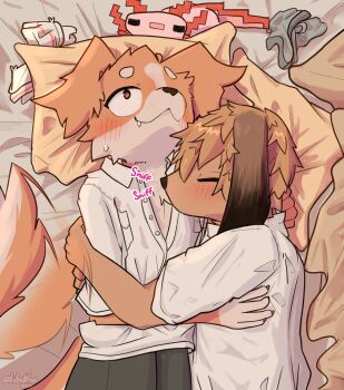 2boys absurdres animal_ears artist_name axolotl_(minecraft) black_pants blush claws closed_eyes closed_mouth commentary dated dog_boy dog_ears dog_tail english_commentary fang fang_out furry furry_male highres hug joseph_(smell) looking_up lying male_focus male_underwear minecraft multiple_boys noi_(smell) on_back on_bed pants pillow school_uniform shirt slickestfox smell_(nagabe) smelling smile socks sweatdrop tail tail_wagging twitter_username underwear unworn_male_underwear unworn_socks white_shirt yaoi