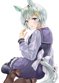 Rule 34 | 1girl, animal ears, blue eyes, blush, bow, bowtie, commentary request, ear covers, flower, grey hair, hair between eyes, hair flower, hair ornament, hairclip, highres, horse ears, horse girl, horse tail, koji (kojikojimdw), long sleeves, looking at viewer, looking back, parted lips, pleated skirt, purple sailor collar, purple serafuku, purple shirt, purple skirt, purple thighhighs, sailor collar, sailor shirt, school uniform, seiun sky (umamusume), serafuku, shirt, shoes, short hair, simple background, single ear cover, skirt, solo, sunflower, sunflower hair ornament, tail, thighhighs, tracen school uniform, umamusume, white background, white bow, white bowtie