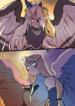 2girls absurdres alternate_costume angel asymmetrical_bangs bare_shoulders black_dress blonde_hair blush_stickers charlie_morningstar colored_skin commentary dress gravity_(hazbin_hotel) grey_skin halo hazbin_hotel hellaverse highres impaled long_hair mechanical_arms multiple_girls ponytail raccoon_404 single_mechanical_arm smile symbol-only_commentary tears vaggie wings yellow_blood