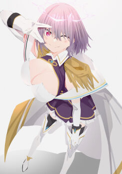 1girl a_(c3einycggcevevf) absurdres boots breasts cleavage commentary epaulettes frilled_skirt frills gloves gridman_universe gridman_universe_(movie) highres large_breasts looking_at_viewer one_eye_closed purple_hair purple_skirt red_eyes shinjou_akane shinjou_akane_(new_order) shirt short_hair simple_background skirt smile solo ssss.gridman thighhighs v white_background white_boots white_gloves