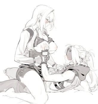 2girls blush breasts girl_on_top grabbing_another's_breast groping guided_breast_grab guiding_hand high_heels highres large_breasts maiqo mask monochrome multiple_girls pencil_skirt skirt speech_bubble straddling trigger_(zenless_zone_zero) tsukishiro_yanagi yuri zenless_zone_zero