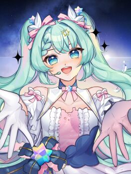 1girl absurdres aqua_eyes aqua_hair asymmetrical_gloves blush braid breasts collarbone commentary_request dress gloves hair_between_eyes hair_ornament hatsune_miku hatsune_miku_expo headset highres long_hair looking_at_viewer medium_breasts mismatched_gloves open_mouth pink_gloves reaching reaching_towards_viewer rokuei07 sleeveless sleeveless_dress small_stellated_dodecahedron smile solo star_(symbol) star_hair_ornament twintails upper_body very_long_hair vocaloid white_gloves